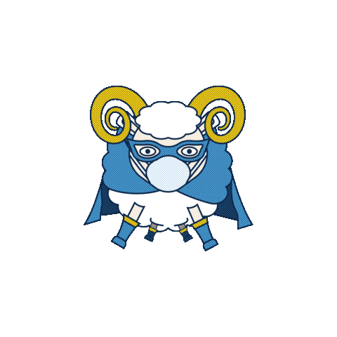 Animated illustrated gif of a ram wearing a Carolina cape and glasses plus a face mask.