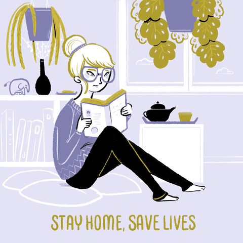 'Stay Home, Save Lives' with girl reading and snuggled up cosy at home