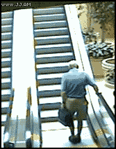 Man falling going up escalator.