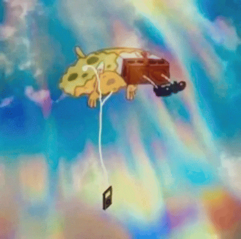 SpongeBob floating on his back through swirling rainbow colours