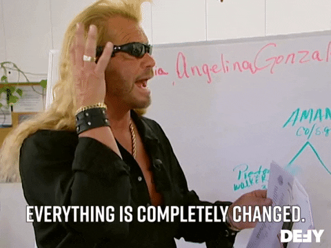 GIF of man with long blonde hair and sunglasses saying "everything is completely changed."