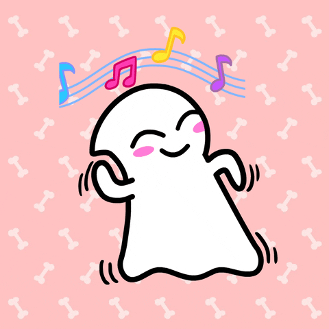 An animated GIF of a dancing ghost on a pink background with musical notes floating past.