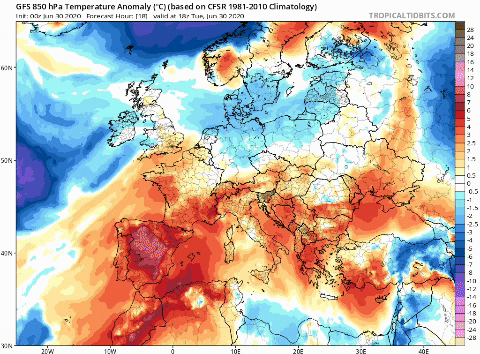 *Anomalía de la temperatura a 850 hPa prevista entre el miércoles y el viernes por el modelo GFS / Tropical Tidbits