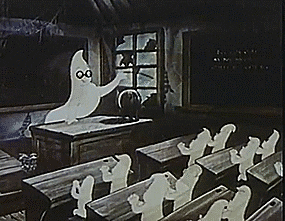 A ghost teacher teaches a classroom of child ghosts.