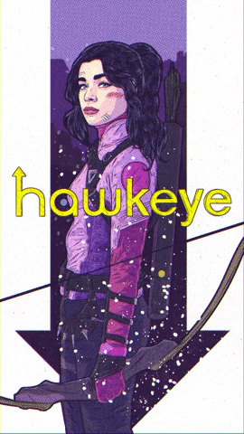 Illustrator poster-style gif of Kate Bishop (Hailee Steinfeld) holding a bow and arrow with snow falling in the background