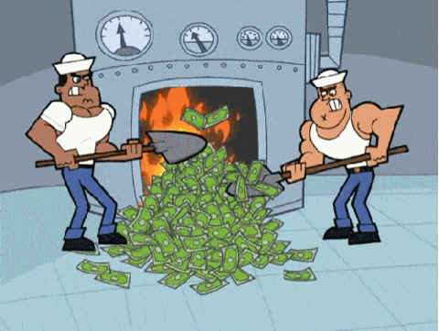 The Fairly OddParents: two sailors in white shovel piles of cash into a blazing furnace.