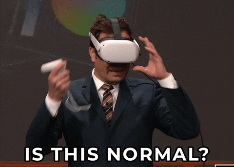 Jimmy Fallon confuso ao usar óculos de realidade virtual, perguntando "isso é normal?" em inglês
