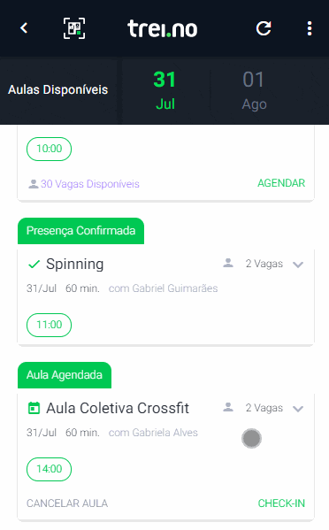 Aplicativo Trei.no > Menu > Aulas > Check-in