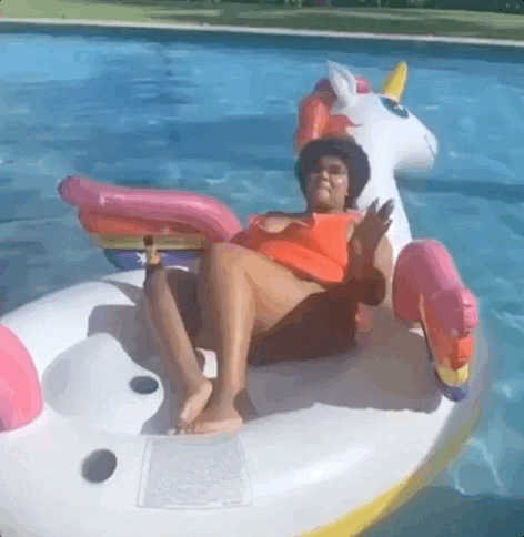 dark jokes, woman on pool float says bye bitch and floats away