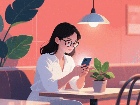 Illustrated woman with glasses sitting at a cafe table and scrolling on her phone beside a potted plant