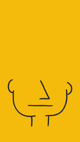 yellow background, black sketch of a face without eyes squirrely black hair unravelling in a upoward motion