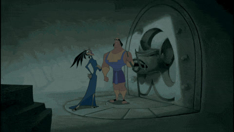 The Emperor's New Groove: Kronk pulls a lever and Yzma drops through a trapdoor beside him.