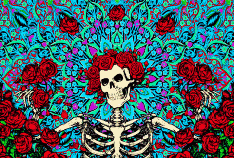 GIF of skeleton surrounded by blooming and expanding flowers