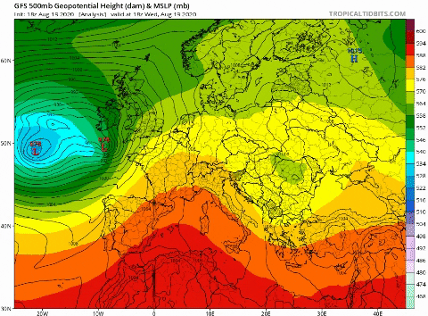 Temperatura y geopotencial a 500 hPa previsto por el modelo GFS / Tropical Tidbits