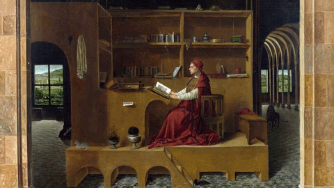 renaissance painting of man reading a book and lightning striking book