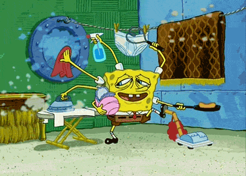 Spongebob trying to multitask cleaning, ironing, taking care of his baby clam, etc.
