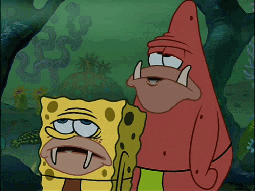 Spongebob and Patrick as mouth breathing neanderthals
