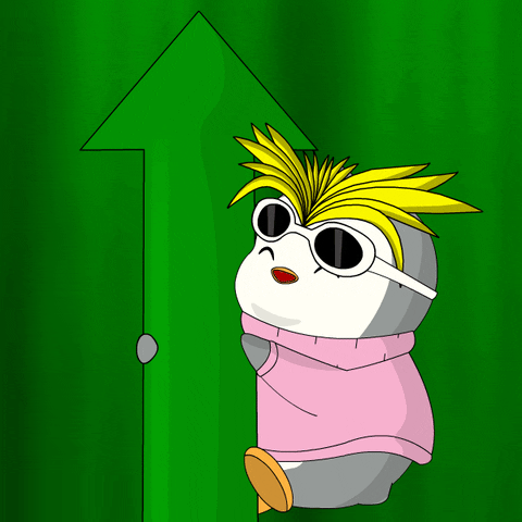 Cool kawaii penguin with sunglasses peeking from behind green upward arrow