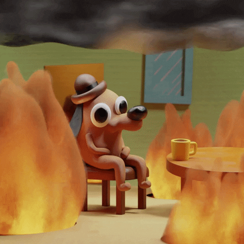 A this-is-fine reaction GIF illustrating calm confidence while hidden risk burns outside the selected window.