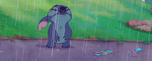 gif of Stitch crying nooo in the rain