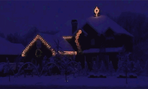 Christmas lights on house.
