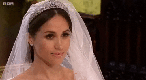 Close-up of Meghan Markle on her wedding day, wearing her veil