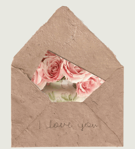 (An open envelope with the words "I love you" written on it. The letter on the inside switches between floral patterns) Via Giphy 