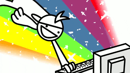 O desenho de um jovem voando em frente ao computador enquanto sai um arco-íris da tela.