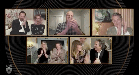 Gif of five different 2021 Golden Globes nominees in Zoom chat windows