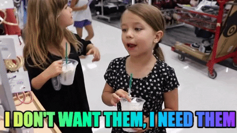Cute GIF of a little girl drinking a milkshake saying "I don't want them. I need them."