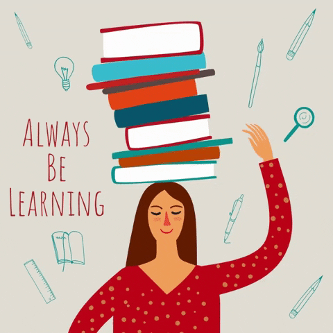 Person swaying with books stacked on their head. Pencils and writing utensils in the background. Text: Always Be Learning