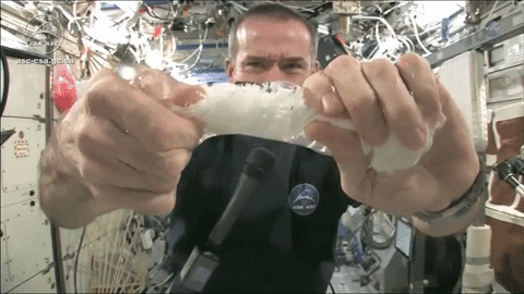 Astronaut Chris Hadfield wrings out a towel in space