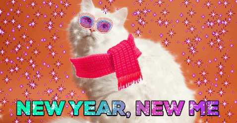 Gif of white cat with sparkles, reading new year new me