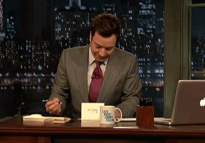 Late night interviewer Jimmy Fallon writing thank you notes