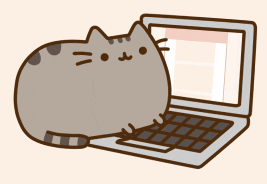 Desenho de um gatinho cinza, o Pusheen, digitando em um notebook.