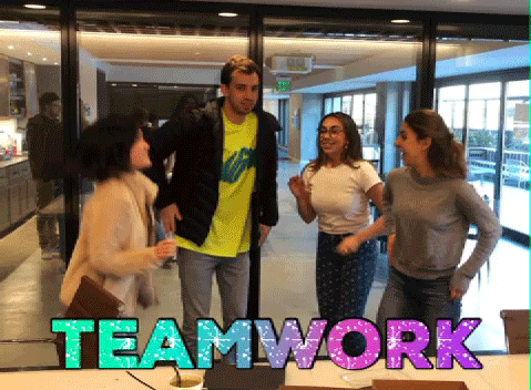 gif of four people jumping to high-five in the middle, with the word "Teamwork"