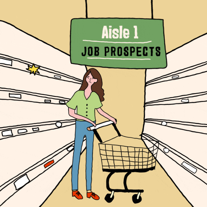 a young woman with an empty cart standing in an aisle with empty shelves. Above her head is a sign that says Aisle 1 Job Prospects.