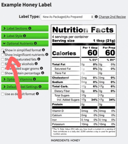 Simplified nutrition label for Dual Declaration (As Packaged/As Prepared) format