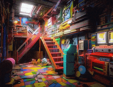 midjourney art loop gif of a colorful room