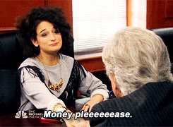 Animated GIF of Parks and Recreation TV character Mona Lisa Saperstein asking for money from her father