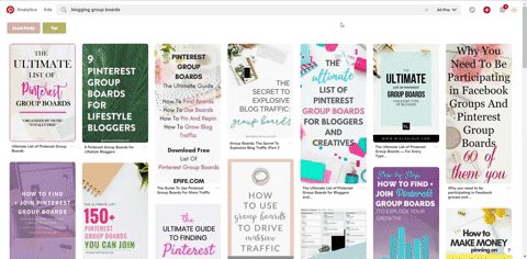 A screen shot of various Pinterest group boards. 