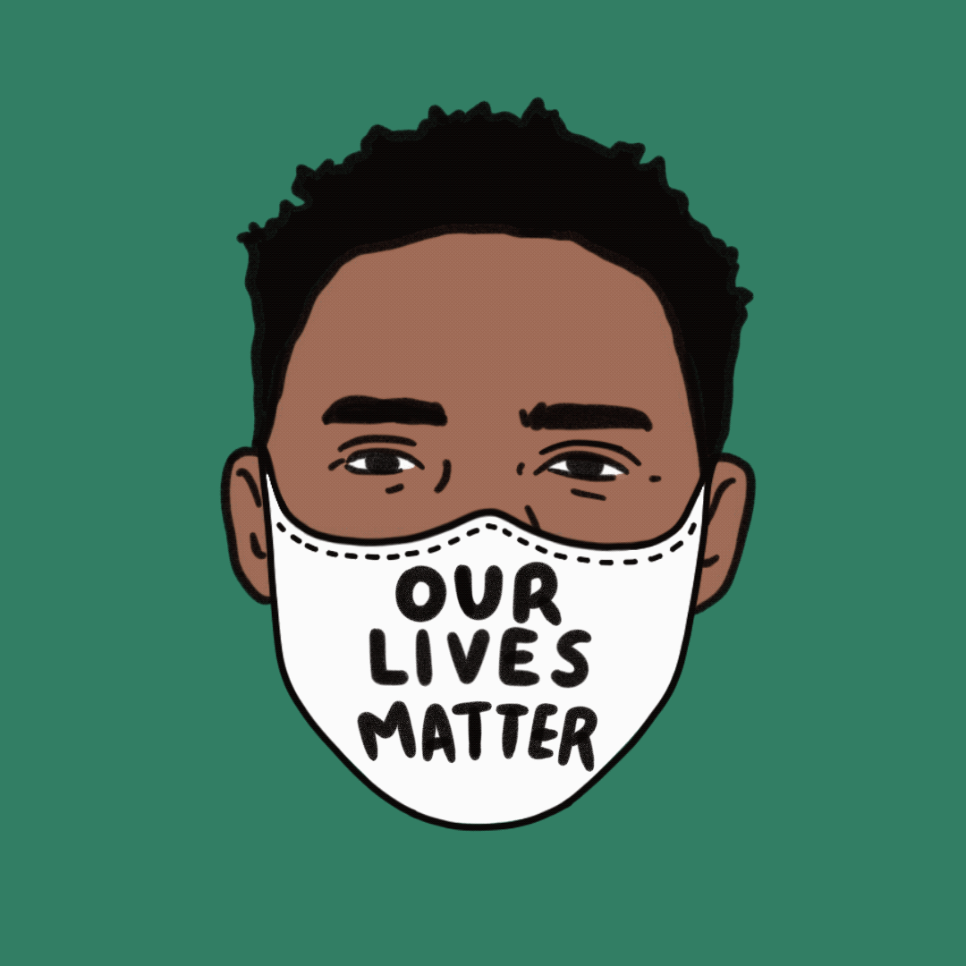 Gif com a ilustração de vários rostos de pessoas negras. Elas estão usando uma máscara escrita "Our lives matter".