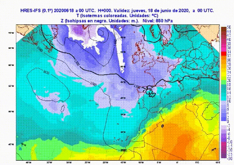 Evolución prevista por el modelo HRES-IFS (ECMWF) de la temperatura a 850 hPa (unos 1500 m) / Aemet