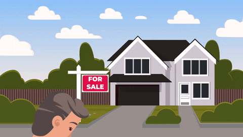 Caricatura de hombre vendiendo su casa