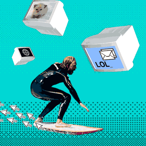 Surfer riding through a sea of older computers with icons on them.