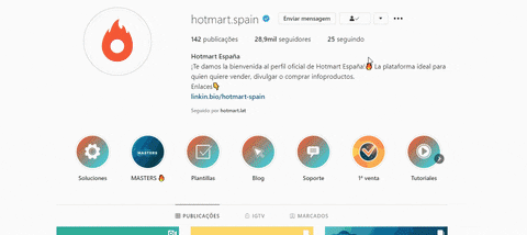 Imagen ejemplo de la organización del perfil de Hotmart para conseguir seguidores en Instagram