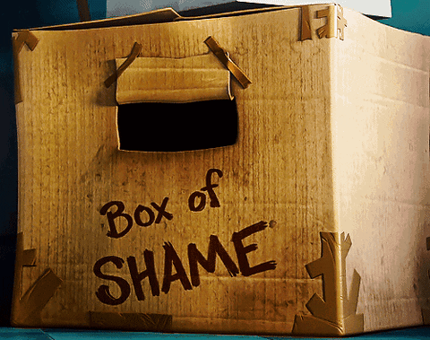 Uma garotinha dentro de uma caixa escrito "Box of shame"