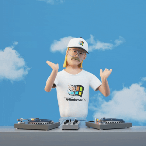 animação 3D de um DJ dançando com uma camiseta do Windows 95