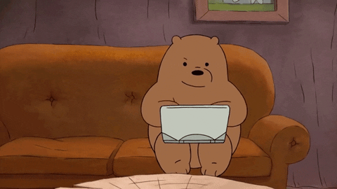 Pardo, personagem do desenho Ursos Sem Curso, sentado no sofá usando seu notebook