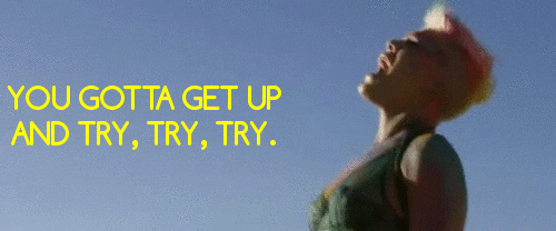 Image description: A gif of a girl singing “You gotta get up and try, try, try.”